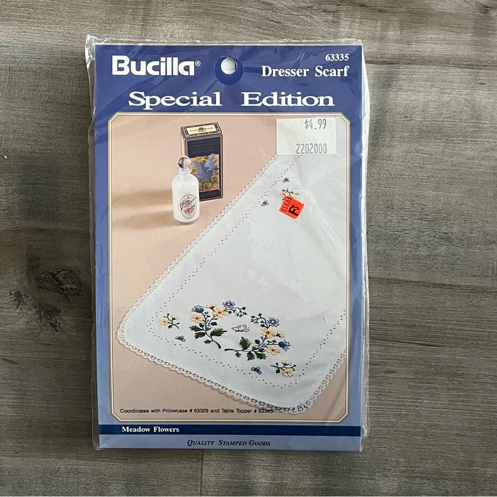 NWT Bucilla Special Edition Stamped Embroidery Flowers Dress Scarf & DMC Floss